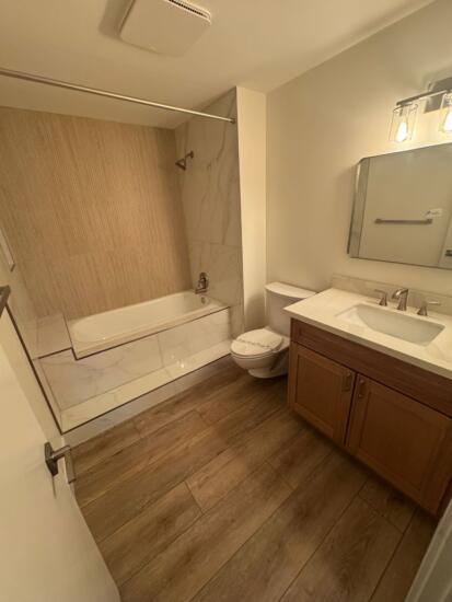 A photo of a finished bathroom after restoration work is completed