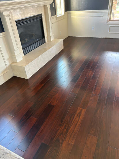 Photo of a completed living room project after water damage