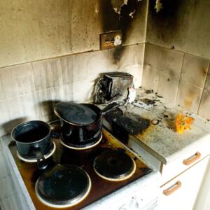 A kitchen fire causes fire damage in a customer's home.